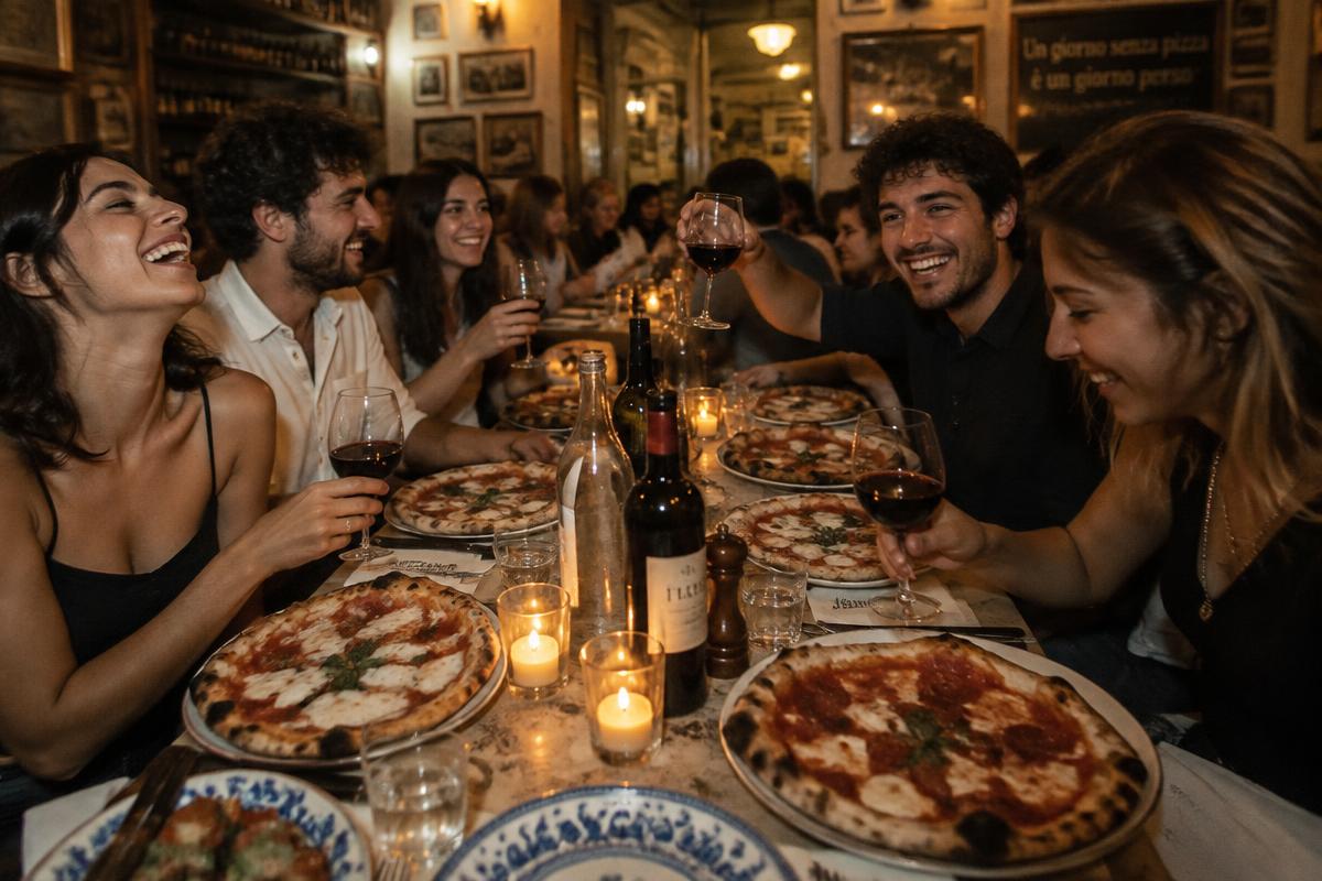 Gäste feiern gemeinsam an einem langen Tisch mit Pizza und Wein