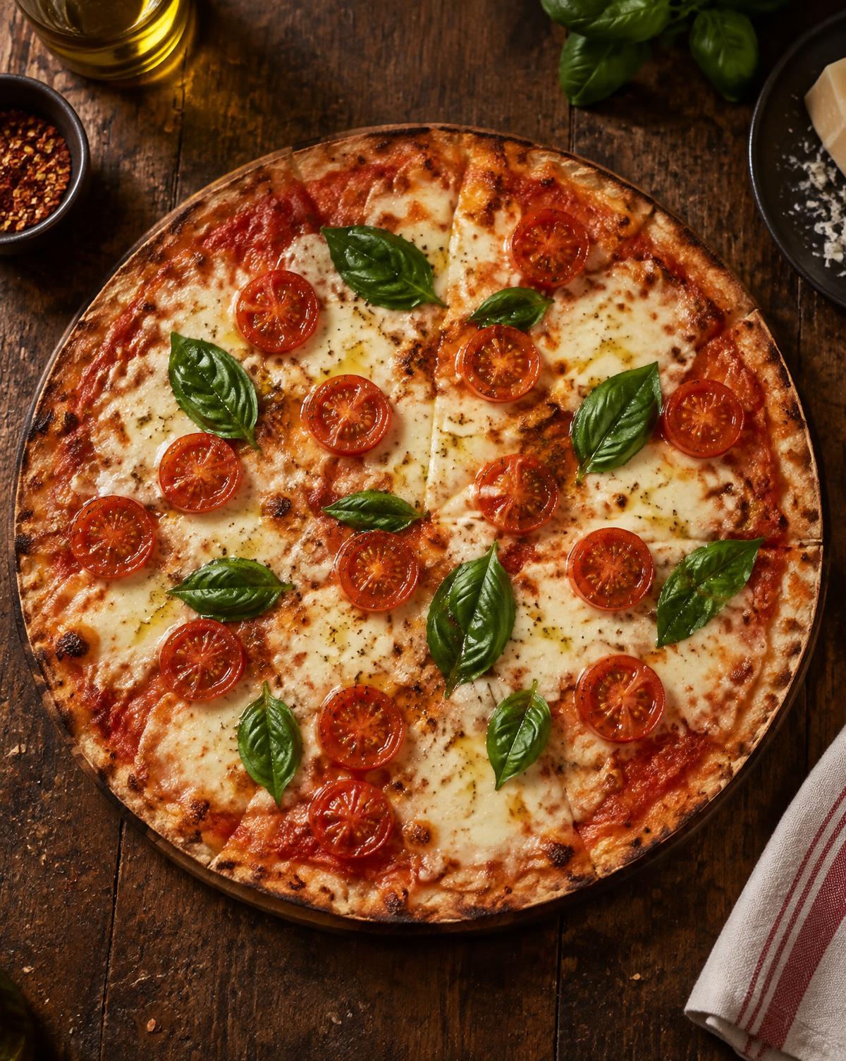 Holzofen-Pizza mit Cherry-Tomaten, Mozzarella und Basilikum